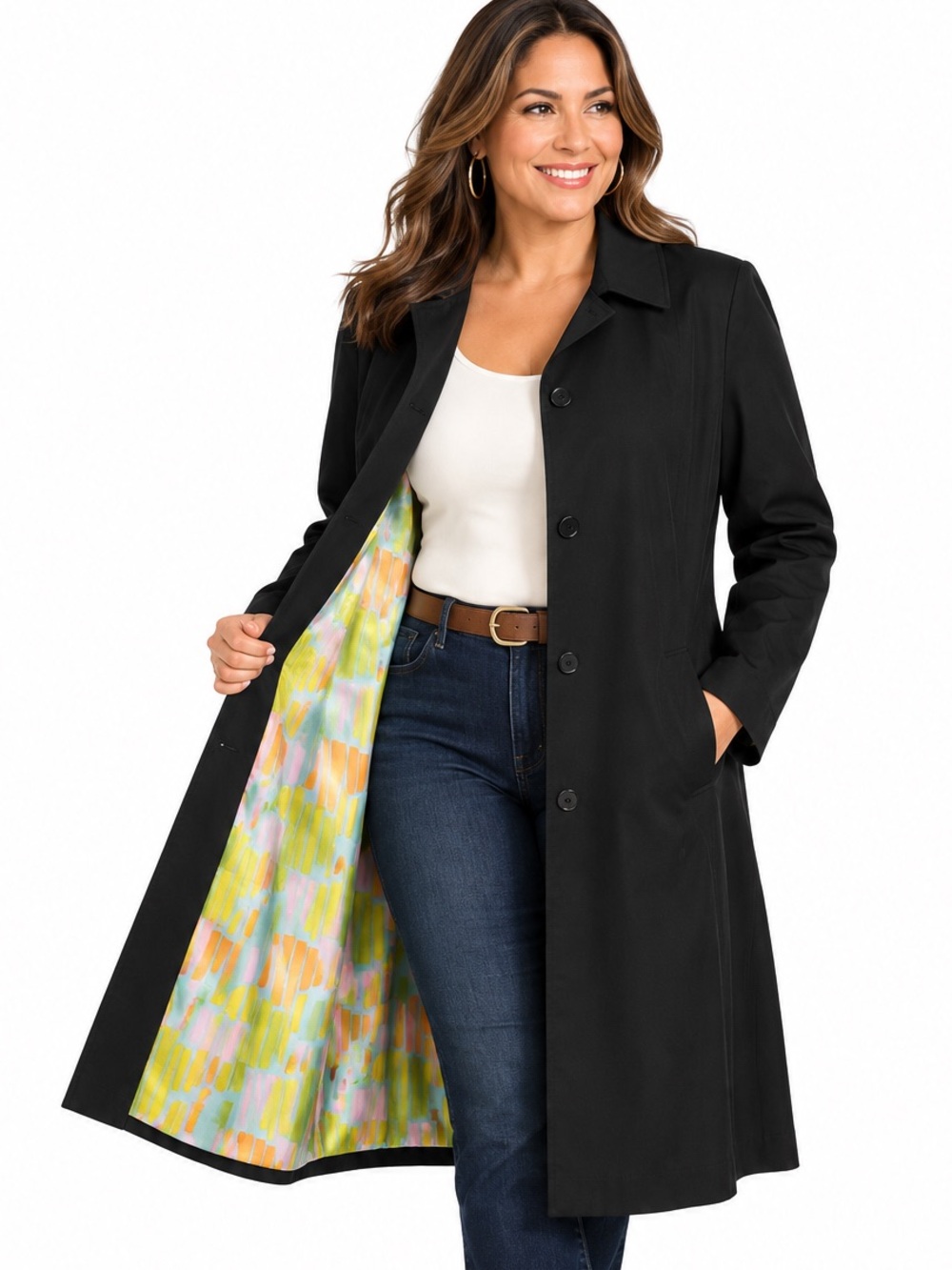 Jones New York Long Coat Size M Black Colorful Abstract Lining